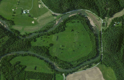 Mound Bottom, Aerial View. The platform mound is just left of center, east is to the right.